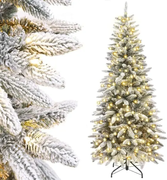 A 6FT Decoway pre-lit artificial pencil Christmas tree with flocked snow and pre-strung lights, showcased in bright detail.