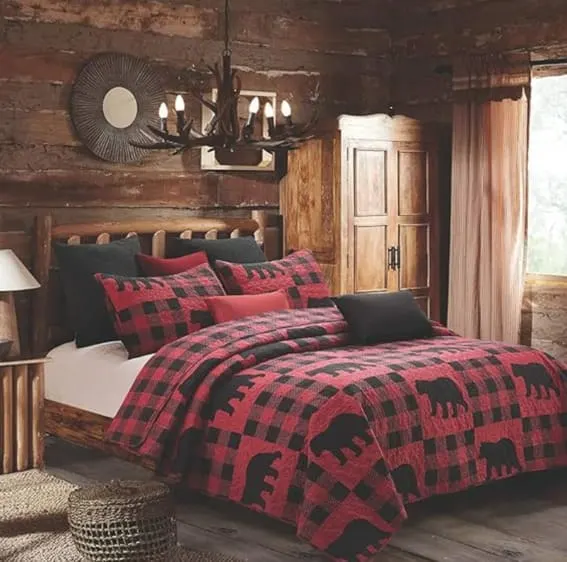 Rustic king-size quilt bedding set with bear and plaid patterns.