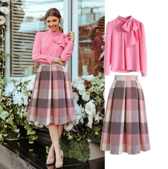 Chic pink bow blouse and plaid skirt for a festive look from Chicwish