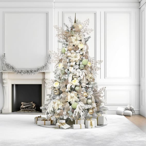 A 5FT WBHome pre-lit artificial Christmas tree with gold and white themed ornaments and 200 plug-in LED lights, elegantly displayed in a classic living room.