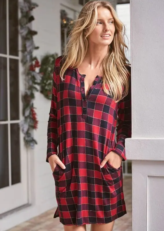 Relaxed Fit Tartan Nightdress with Henley Neckline