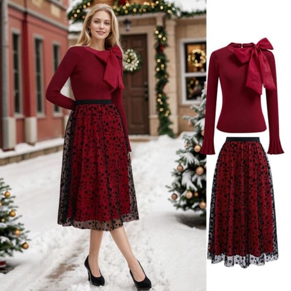 Festive maroon bow blouse and lace overlay skirt from Chicwish
