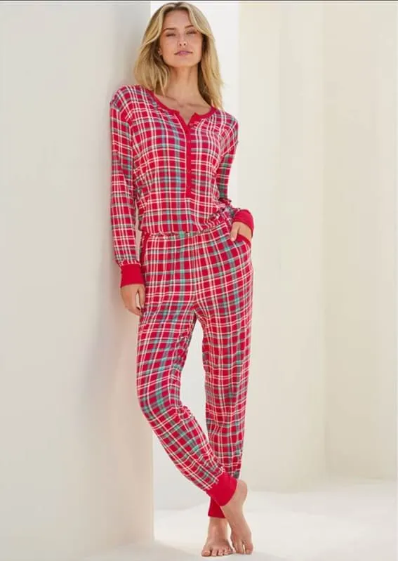 Red and Green Tartan Henley PJ Onesie with Comfort Fit