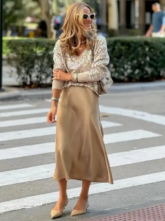 Outfit with a sequined sweater paired with a satin midi skirt for a daytime holiday look.