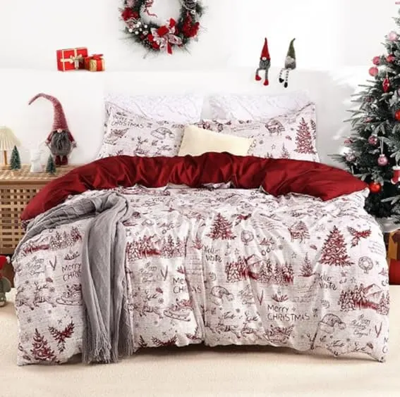 Queen-size Christmas duvet cover with red and white holiday patterns.