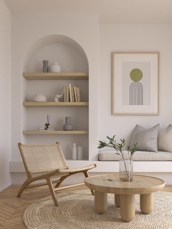 a clean beige living room with no clutter