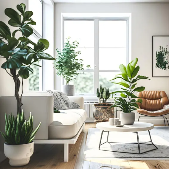 a clean living room with loads of plants