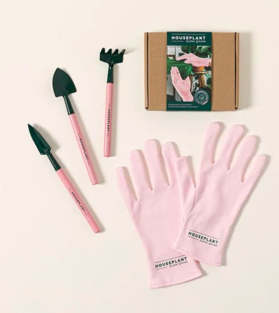 A chic, pink gardening tool set complete with durable gloves.