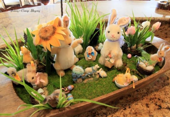 Dough bowl on a countertop showcasing a playful Easter vignette