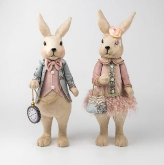 Elegant bunny couple suitable as wreath embellishment or standalone decor.