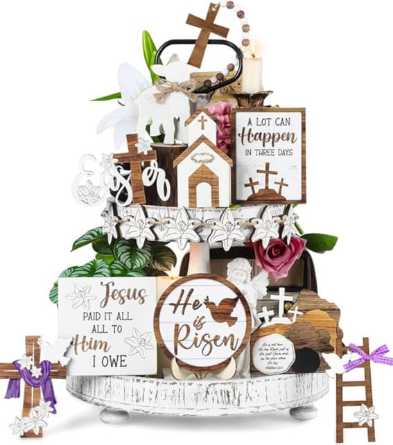 16-piece Easter tiered tray decor set with 'He is Risen' theme and cross motifs.