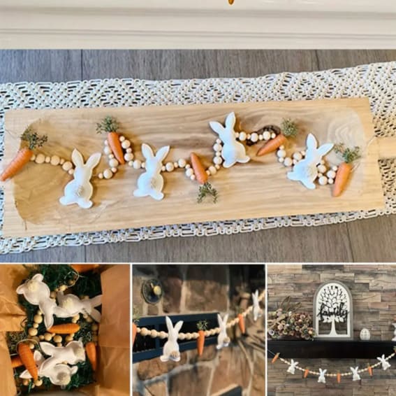 Bunny and carrot string garland on a wooden table for Easter decoration.