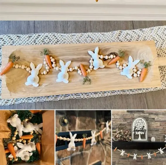 Bunny and carrot string garland on a wooden table for Easter decoration.