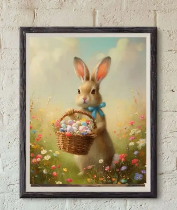 Oil painting print of a bunny with an Easter basket on canvas.