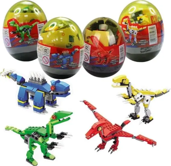 Four pack of dinosaur building blocks toys inside jumbo eggs.