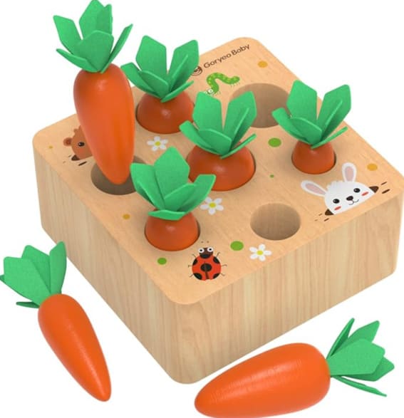 Wooden carrot harvest game, educational toy for toddlers featuring removable carrots.