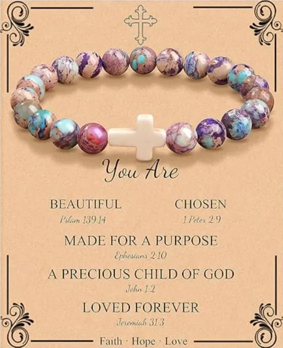 JoycuFF Christian bracelets for women with colorful beads and a white cross.