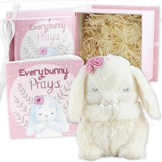 'Everybunny Prays' gift set with a musical praying bunny plush and prayer book in a keepsake box.
