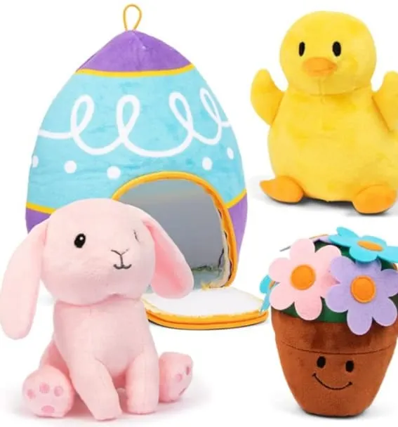 Assorted Easter-themed stuffed animals and plushie egg house from PREXTEX.