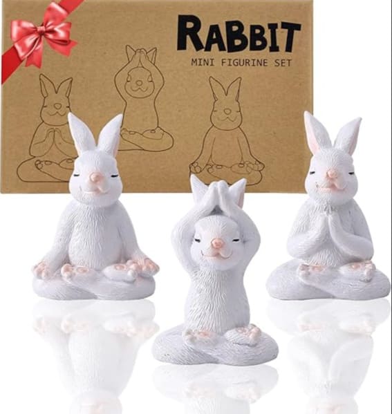 Set of three Goodeco rabbit yoga statues for fairy gardens or home decor.