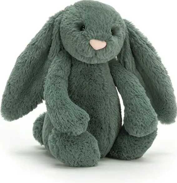 Soft and cuddly Jellycat Bashful Forest Bunny in a unique green color.