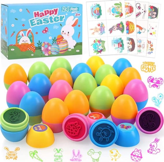 Colorful Easter-themed stamps and temporary tattoos in a 24-pack set.