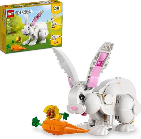 LEGO Creator set featuring a 3-in-1 buildable white rabbit with carrots.