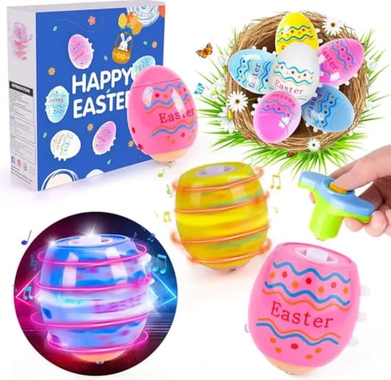 Colorful LED light-up spinning tops, a 6-pack Easter-themed toy set.