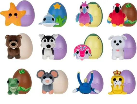 Collection of 'Adopt Me' surprise plush animals in egg-shaped shells.