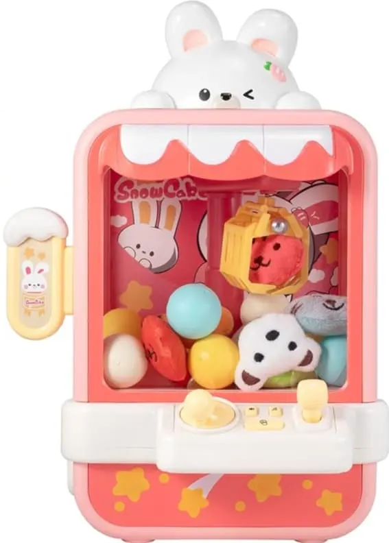 Colorful bunny-themed claw machine toy filled with assorted small toys and trinkets.