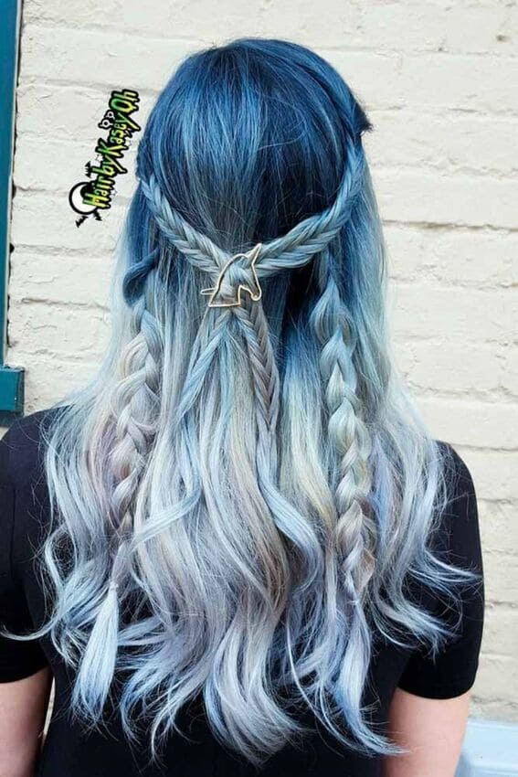 Pastel blue braids interwoven with dreams and serenity.