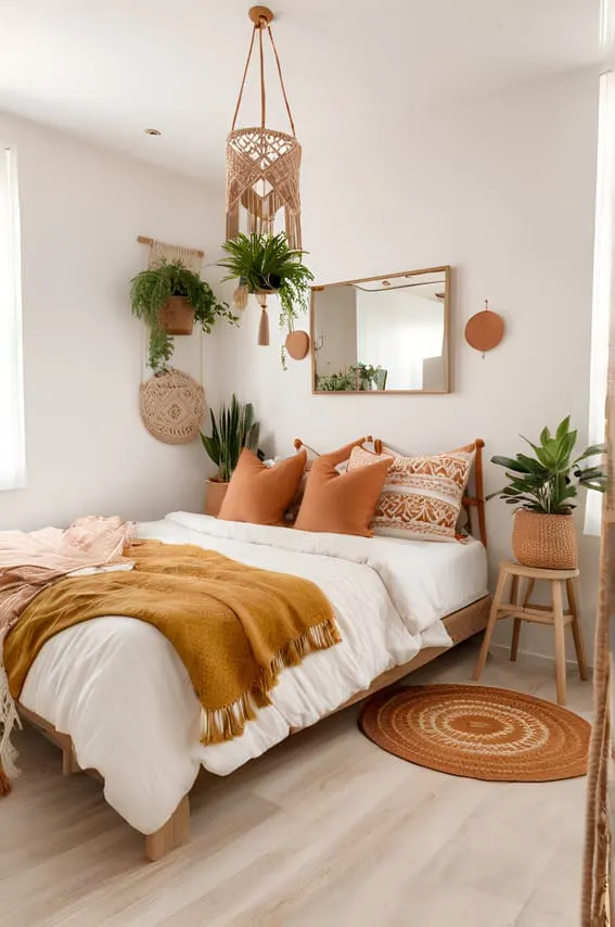 Bedroom This earthy boho bedroom features warm tones, natural textures and bohemian touches for added flair.
