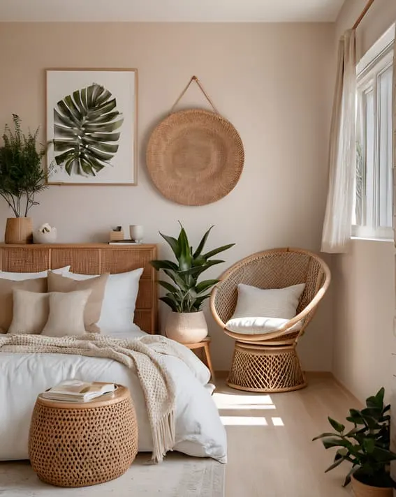 This bedroom design blends natural materials with an airy aesthetic for an alluring space.