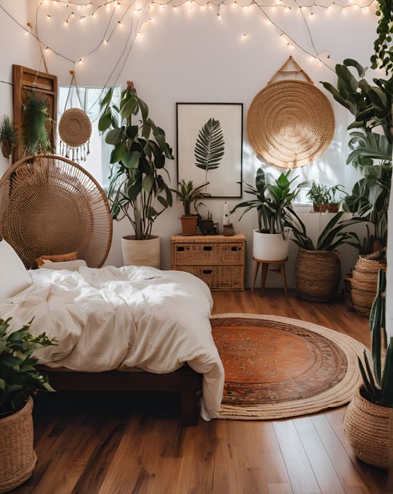 This bedroom captures the bohemian aesthetic with a whimsical flair.