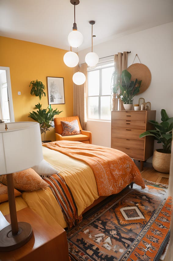 This bedroom captures the lively energy of sunrise with its bold color palette and bohemian charm.