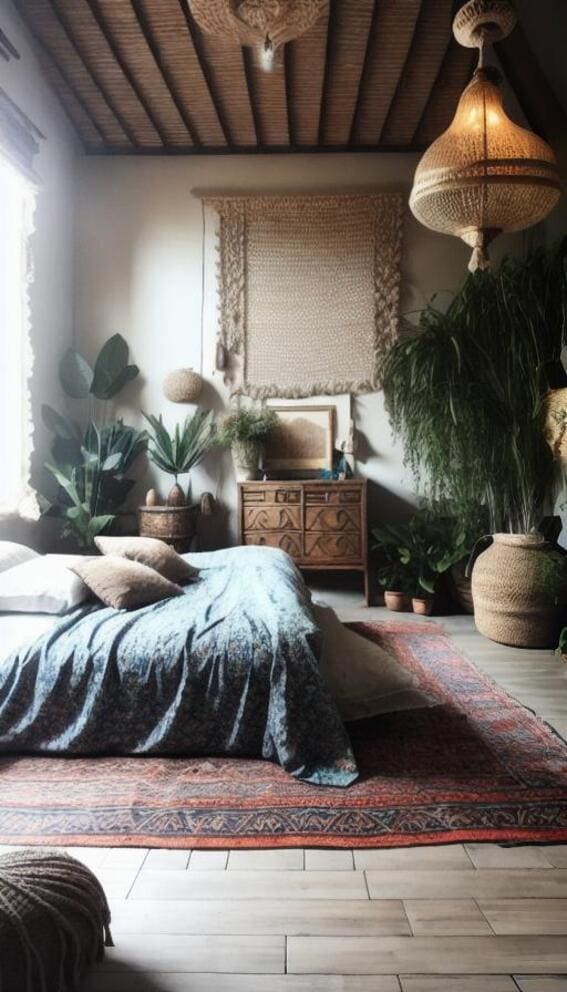 A bedroom that provides a welcoming retreat into the boho world where texture and form take center stage is known as a bohemian sanctuary.