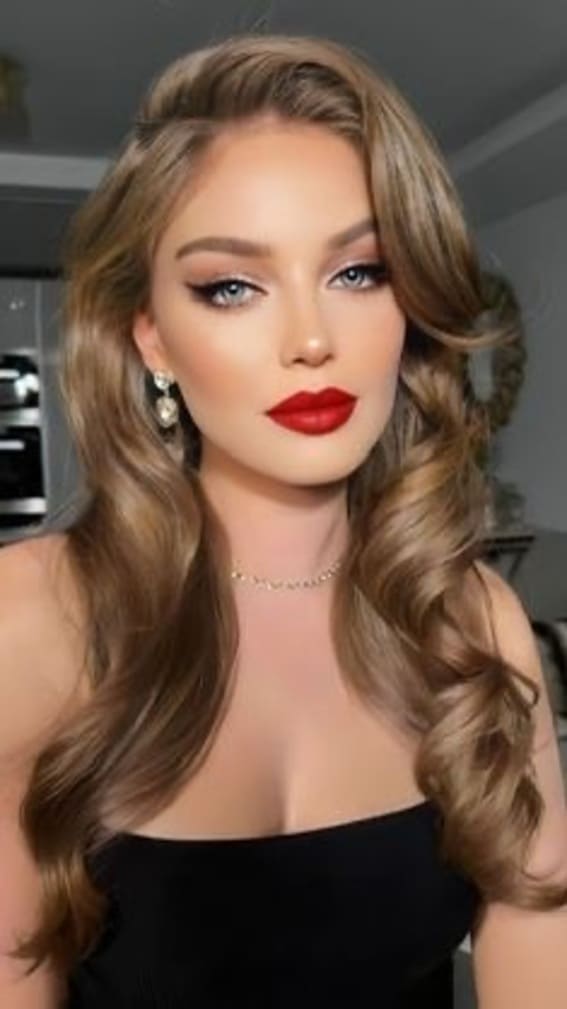 Woman with classic Hollywood hair as well as bold red lips.