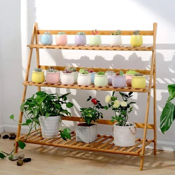 Light wooden A-frame plant shelf with an array of succulents and flowers in white pots.