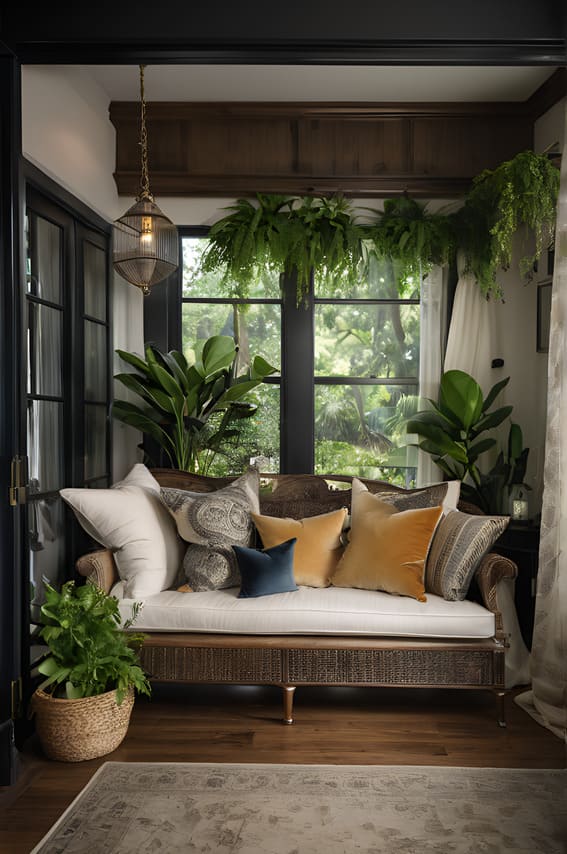 Sunroom with rattan daybed, greenery, and geometric light.