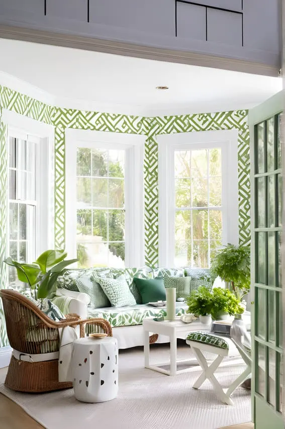 Sunroom featuring white furniture with green accents and lively patterns.