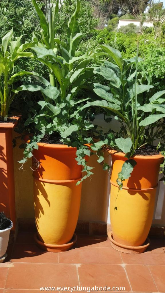 plants in tall pots in garden