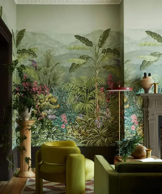 Tropical Jungle Wallpaper Room: A lush, botanical-themed room featuring a detailed jungle wallpaper with vibrant greenery and exotic birds. Key furnishings include plush green armchairs and a classic column pedestal with flowering plants, enhancing the wild, naturalistic theme.