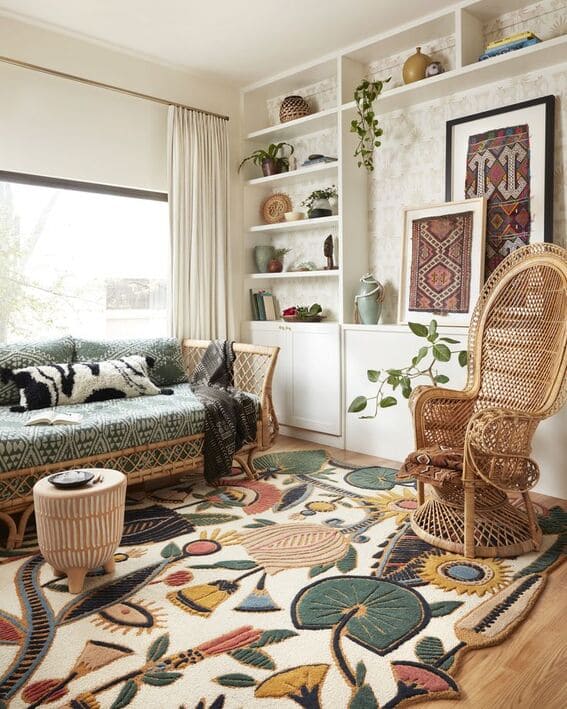 A cozy bohemian-style reading nook with a patterned daybed, a rattan peacock chair, and a colorful floral and geometric rug. White built-in shelves display various decorative items.