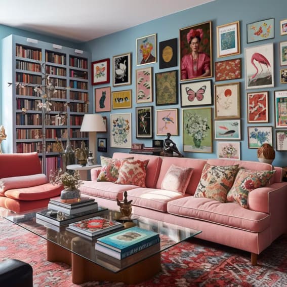 A sophisticated living room featuring a blue wall covered with an eclectic array of framed artwork above a blush pink sofa, surrounded by a large bookshelf, patterned rugs, and a glass coffee table.