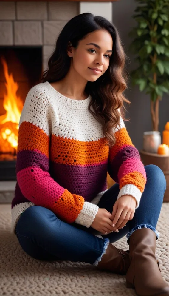 women sititng by fire in crochet sweater