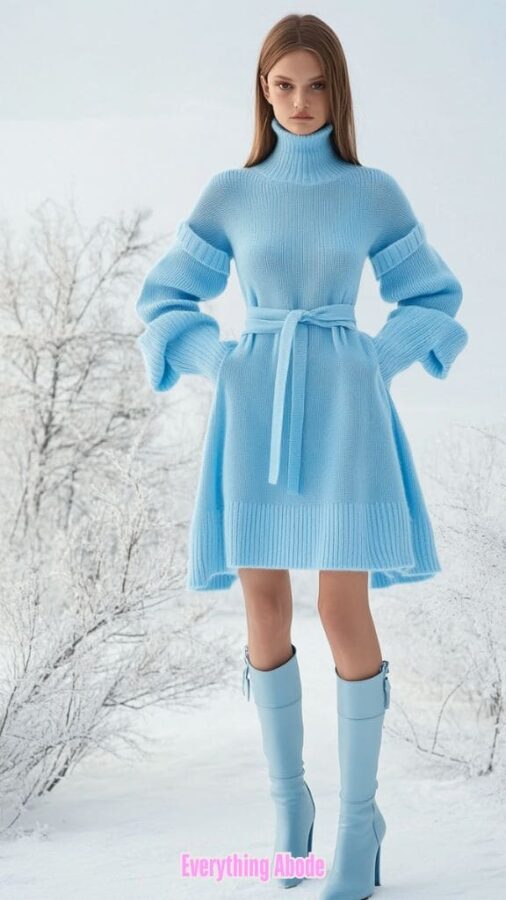 Turtleneck Pullover Solid Sweater Dress With Belt main image 0
