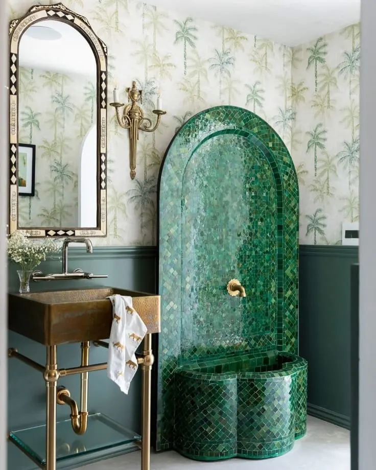 green Moroccan tile vanity with brass sink
