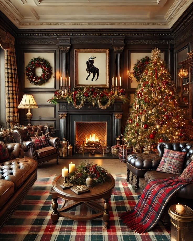 Dark-paneled Ralph Lauren Christmas living room—leather chesterfields, tartan pillows and throw, plaid rug, roaring fire, wreaths, gold-laden tree, dog portrait over the mantel.