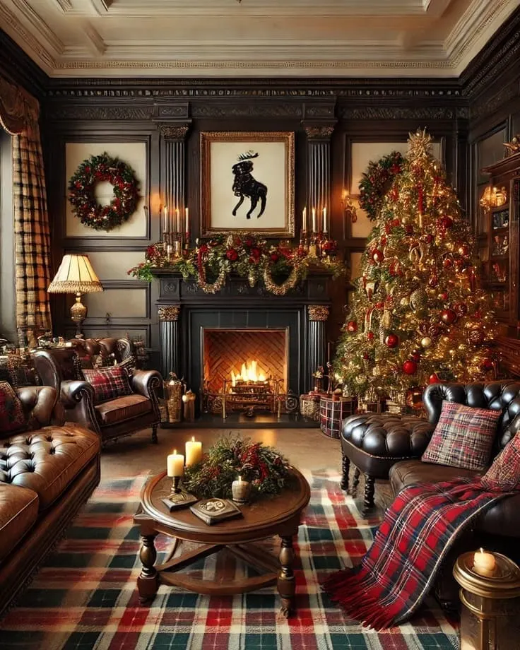 Dark-paneled Ralph Lauren Christmas living room—leather chesterfields, tartan pillows and throw, plaid rug, roaring fire, wreaths, gold-laden tree, dog portrait over the mantel.