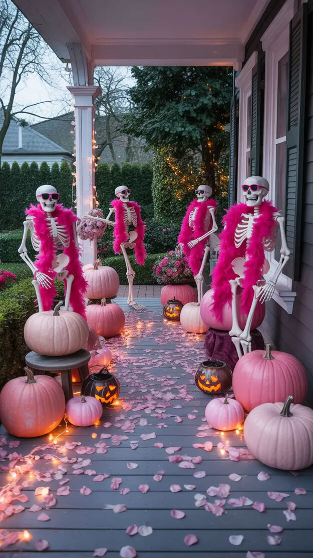 Pink Halloween porch with skeletons, pink pumpkins, rose petals, and glowing jack o lanterns